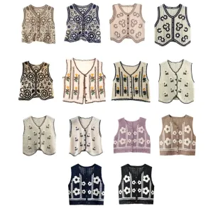 Boho Women Crochet Knit Vest Waistcoat Floral Pattern Sleeveless V-Neck Cardigan