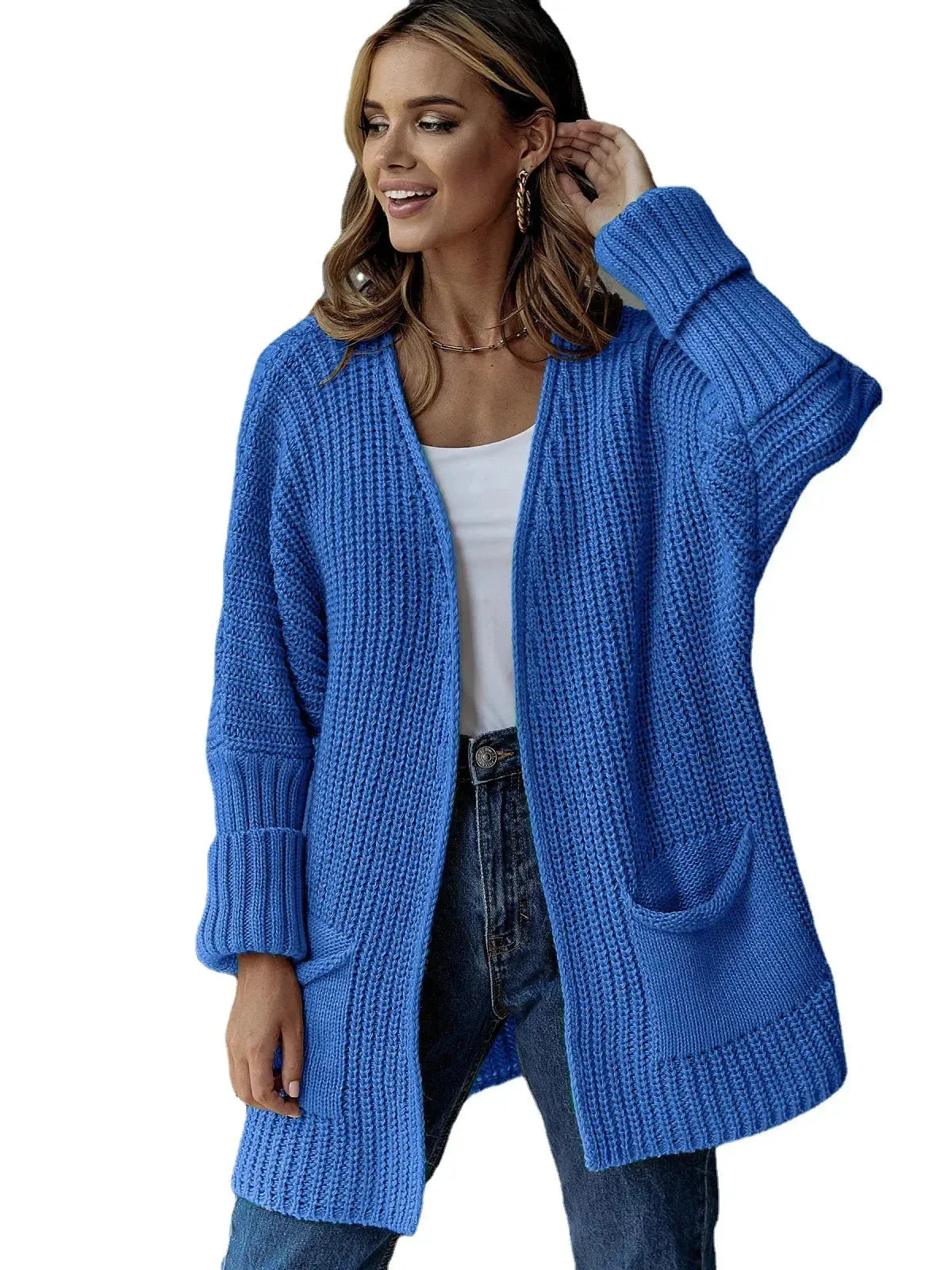 Cardigan Knit Sweater Women Spring Autumn Winter Sweater Heart Pocket Loose Maxi Coat