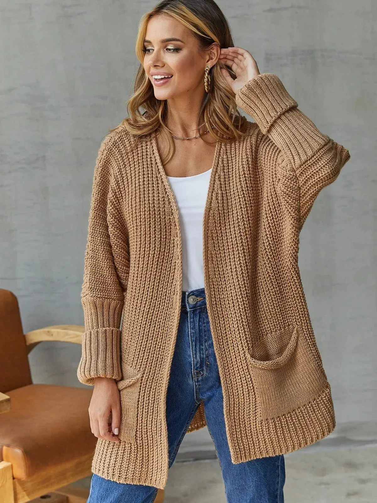 Cardigan Knit Sweater Women Spring Autumn Winter Sweater Heart Pocket Loose Maxi Coat