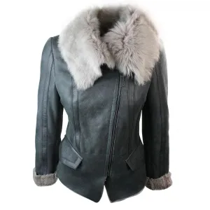 Ladies Women Short Biker Style Real Shearling Sheepskin Aviator Flying Leather Jacket Grey