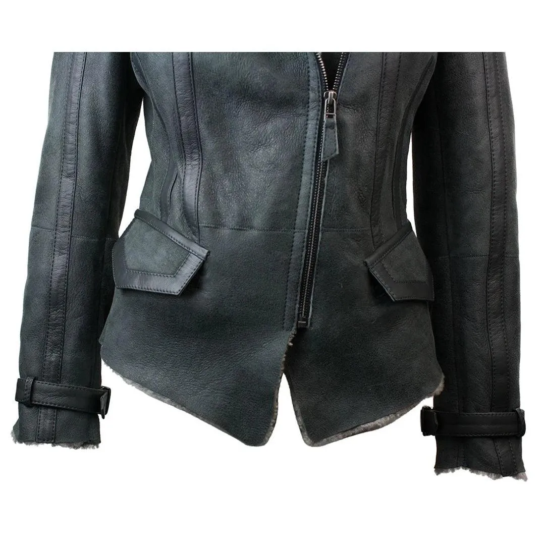 Ladies Women Short Biker Style Real Shearling Sheepskin Aviator Flying Leather Jacket Grey