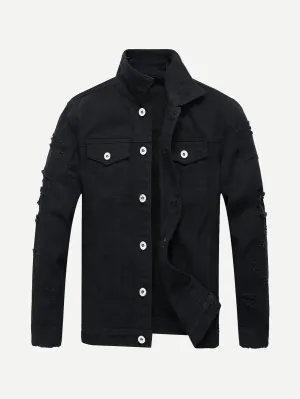 Men's Black Ripped Slim Button Denim Jacket