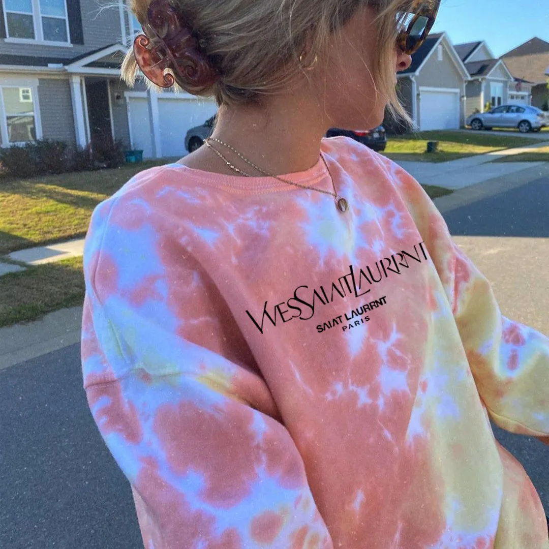 Pink Bleach Tie Dye Sweater Letters Printed Dyed Sweatshirt