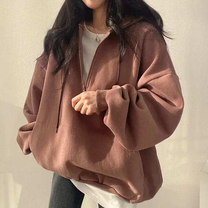 Women Hoodie Harajuku Loose Oversized Solid Color Top Half Zip Up Sweatshirt Female Casual Long Sleeve Pocket Hooded Coats