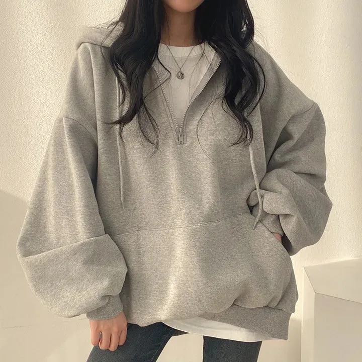 Women Hoodie Harajuku Loose Oversized Solid Color Top Half Zip Up Sweatshirt Female Casual Long Sleeve Pocket Hooded Coats