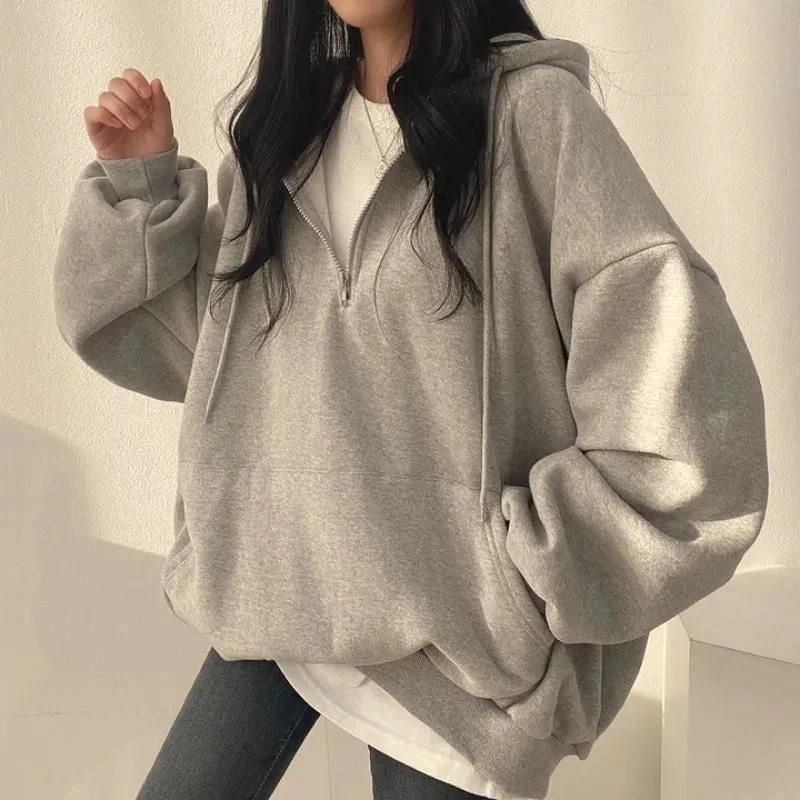 Women Hoodie Harajuku Loose Oversized Solid Color Top Half Zip Up Sweatshirt Female Casual Long Sleeve Pocket Hooded Coats