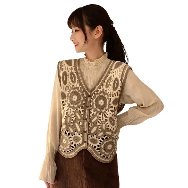 Women Spring Crochet Sleeveless Sweater Vest Waistcoat V-Neck Button Down Hollow Out Knit Ethnic Floral Leaves Cropped M6CD